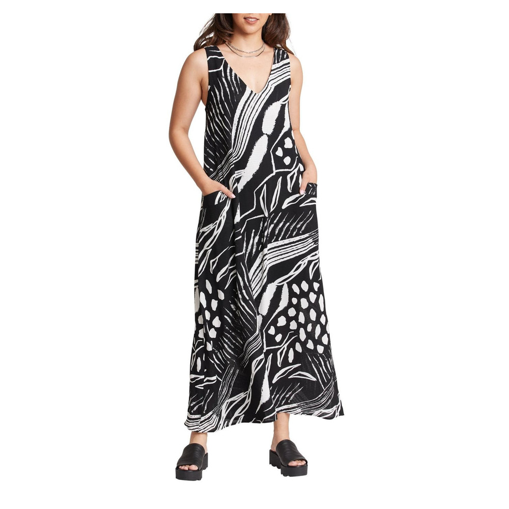 Women's Floral Print Maxi V-Neck Dress Size XL Black & White Flowy Compli-K NWT